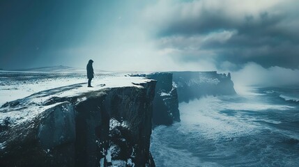   A man stands on a cliff's edge, gazing at the water below, where waves crash relentlessly against...