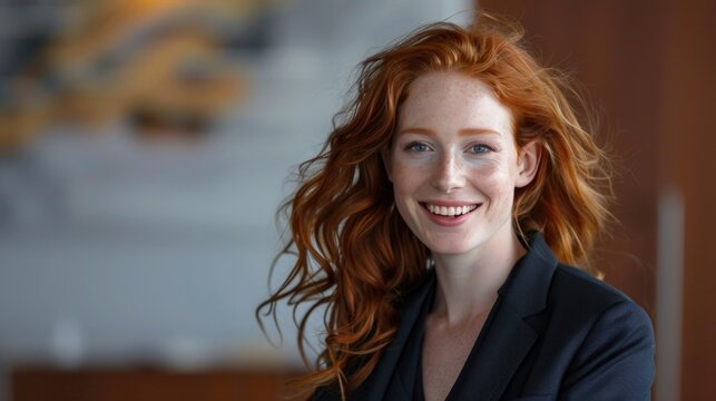 Portrait of a happy smiling red haired business woman in the office wearing a suit.