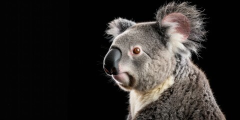 Portrait of a koala bear, photo studio set up with key light, isolated with black background and copy space.
