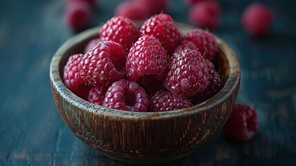   A wooden bowl of raspberries sits atop a wooden table amidst surrounding raspberries
