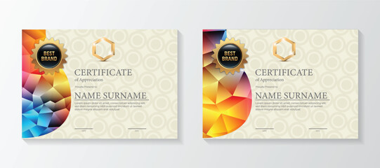 Set modern certificate template with triangular geometric polygons on circular lines ornate background.
