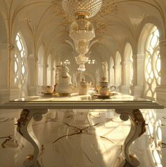 A large room with a beige floor, a white and gold table, and a number of cups and teapots on it
