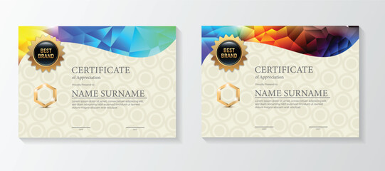 Set modern certificate template with triangular geometric polygons on circular lines ornate background.