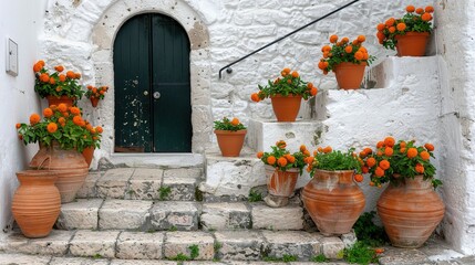   Steps leading to green door with potted oranges