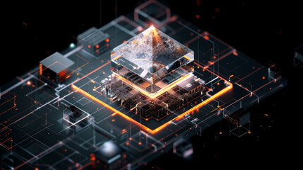 A computer chip is shown in a black and orange color scheme. Concept of technology and innovation