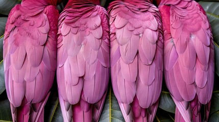 Obraz premium A flock of pink birds perched together on a verdant foliage background surrounded by lush leaves