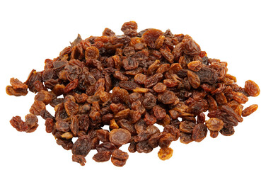 A bunch of brown shriveled sultanas without background. Dried grapes. Horizontal.
