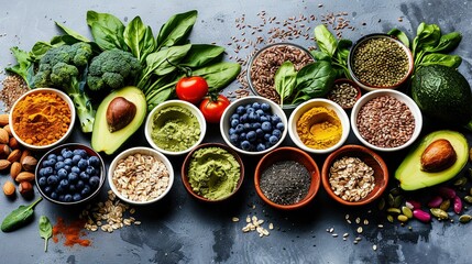   A topped-bowl table filled with fruits, veggies, nuts, avocado