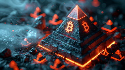 bitcoin logo on top of an ancient pyramid with glowing red lights