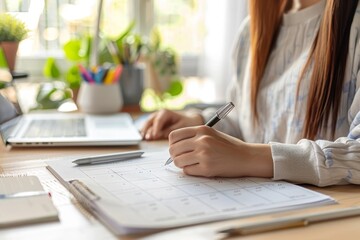 Woman Planning Schedule on Calendar at Home Office Desk
