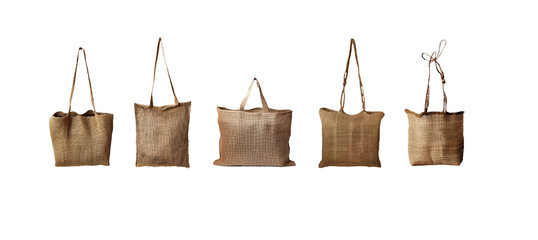 Set of tote sling bags PNG jute Burlap fabric bags isolated on white and transparent background - Durable Reusable Handbag for eco-friendly recycle concept
