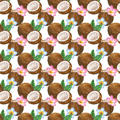Tropical seamless design. Coconuts pattern on white background. Hawaiian vibe