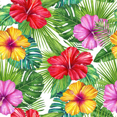 Tropical flowers seamless pattern. Exotic flowers and palm leaves. Plumeria and Hibiscus flowers. Colorful tropical flowers. Summer vacation vibe. Tropical Background. Hawaiian Tropical Plants