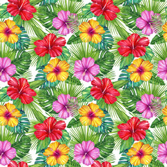 Tropical flowers seamless pattern. Exotic flowers and palm leaves. Plumeria and Hibiscus flowers. Colorful tropical flowers. Summer vacation vibe. Tropical Background. Hawaiian Tropical Plants