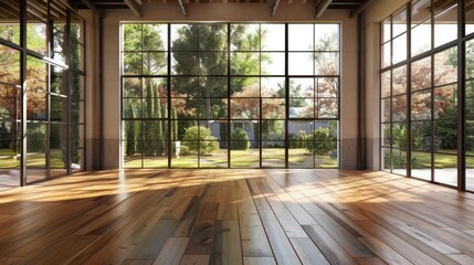 Empty room of modern contemporary loft with wooden floor and large windows to garden. Copy space.