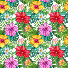 Tropical flowers seamless pattern. Exotic flowers and palm leaves. Plumeria and Hibiscus flowers. Colorful tropical flowers. Summer vacation vibe. Tropical Background. Hawaiian Tropical Plants