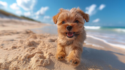 Dog running freely on the beach, sand