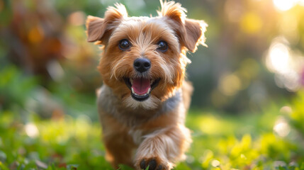 Dog running freely outdoors, grass