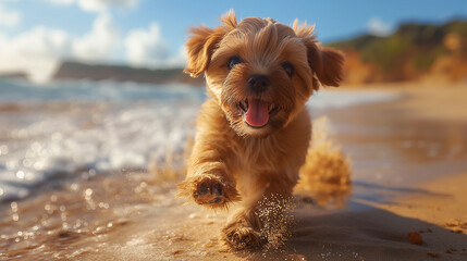 Dog running freely on the beach, sand