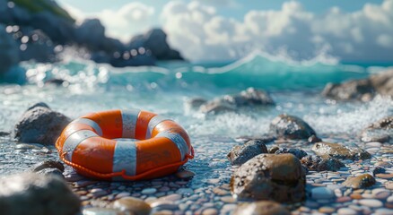 Obraz premium Life Preserver Rests on Rock on Beach