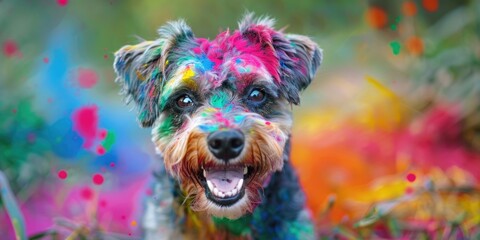 Naklejka premium Portrait of funny smiling, colorful dog with color painting around, animal concept.