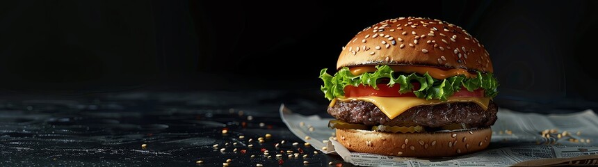 A high resolution photograph of hamburger elegance on newspaper, featuring an enormous cheeseburger with brioche bun and lettuce tomato in the center of frame, surrounded by black computer screen back