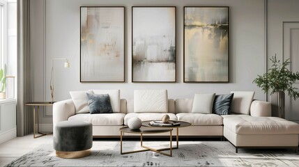 A chic living room with a brass mockup frame exhibiting contemporary abstract paintings.