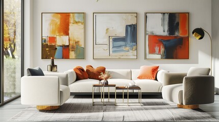 A chic living room with a brass mockup frame exhibiting contemporary abstract paintings.