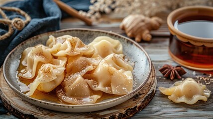 Steamed dumplings with savory filling served on rustic plate tea