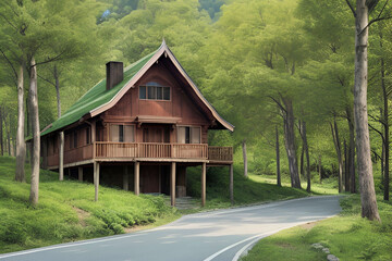 Wooden House Near Green Trees and Walk way and Grass. Ai generated