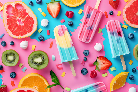 Colourful ice cream popsicle set. Illustration of fresh summer ice cream on a colourful background