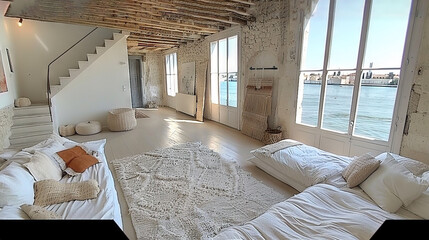   Neatly made bed in a cozy bedroom, leading upstairs to a spacious room with water views