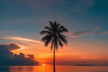seascape with sunset behind palm tree silhouette against the sky, calm waters, clear sky, relaxation on vacation, landscape format, photorealistic // ai-generated 