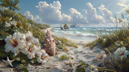   Sandy beach painting with vibrant flowers, shells, & distant rock & water