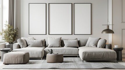 A chic living room with soft gray tones and a plush sectional sofa, featuring an empty mockup frame on the wall for custom artwork or photography.