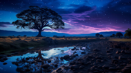 Majestic Tree by Starry Night with Reflections in Stream - Powered by Adobe