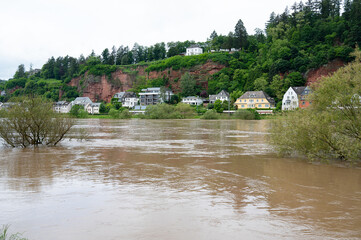 Flood of the river Moselle, Trier in Rhineland Palatinate, flooded trees and paths, high water...