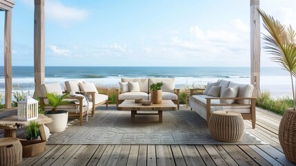 A coastal-inspired patio with weathered wood furniture, nautical accents, and panoramic ocean views.