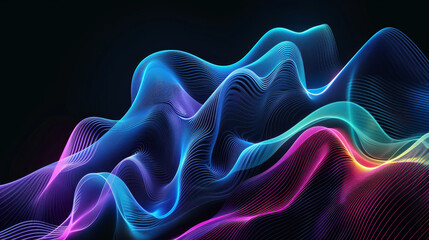 Abstract background with colorful waves and glow lines on black, vector illustration. Minimal design concept. The colors of the gradient include blue, purple, pink