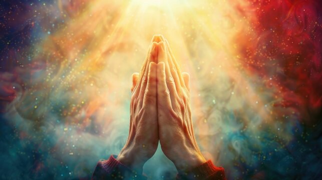 Praying hands with faith in religion and belief in God on blessing background. Power of hope or love and devotion