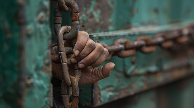A woman's hand is locked in a container by a chain and key. She is trying to escape, but it is difficult. She is a victim of human trafficking and illegal immigration.