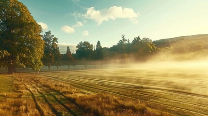 Fototapeta premium A hazy meadow surrounded by trees and vegetation, leading into a clear blue sky filled with fluffy cloud formations
