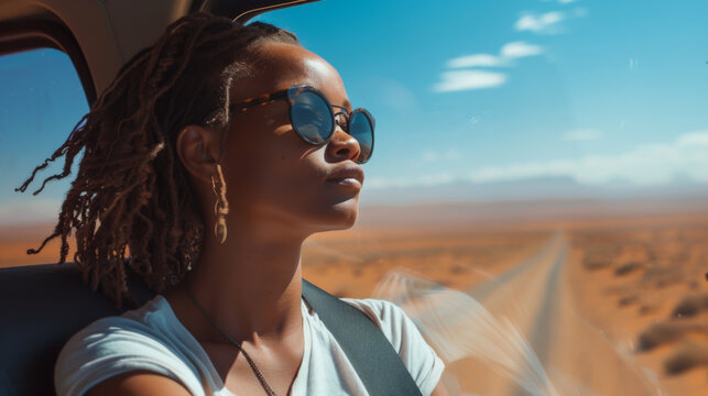 Portrait of a young African American woman enjoying the desert view from her car window. Cute black woman traveling by car. Vacation, adventure concept.