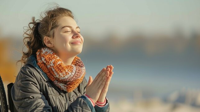 Pretty teen girl with Spinal Cord Injury. Praising the lord. Inclusion, respect, equality, dignity and Empowerment. - Powered by Adobe
