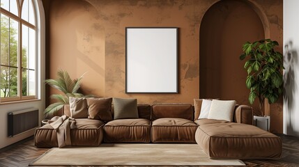 A contemporary living room with earthy tones and a comfortable sectional sofa, featuring an empty frame on the wall for personalization.