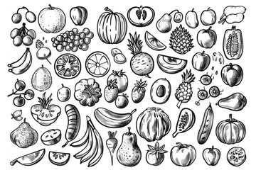 Big set of fruits and vegetables doodle on a white background. Vegetarian healthy food, isolated sketches for the menu of restaurants, cafes, etc. Hand drawing vector illustration. set vector icon, wh
