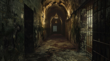 Fototapeta premium Dim, narrow passageways lead through the shadowy depths of the prison.