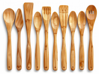 Neatly arranged set of ten wooden kitchen utensils on a white background. The image showcases the natural grain and smooth texture of the wood, emphasizing simplicity, functionality, and rustic charm.