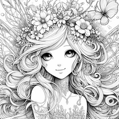 Fototapeta premium Whimsical Fantasy Garden Fairy Coloring Page White Ink, Ultra Cute Portrait