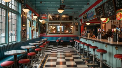 A restaurant with a checkered floor and red chairs
